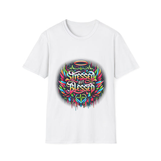 Stressed but Blessed T-Shirt, Neon Graffiti Art Tee, Unisex Softstyle, Heaven & Chaos Heartbeat Design, Urban Spirituality Fashion