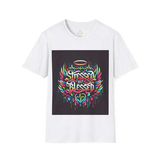 Stressed but Blessed T-Shirt, Neon Graffiti Art Tee, Unisex Softstyle, Heaven & Chaos Heartbeat Design, Urban Spirituality Fashion