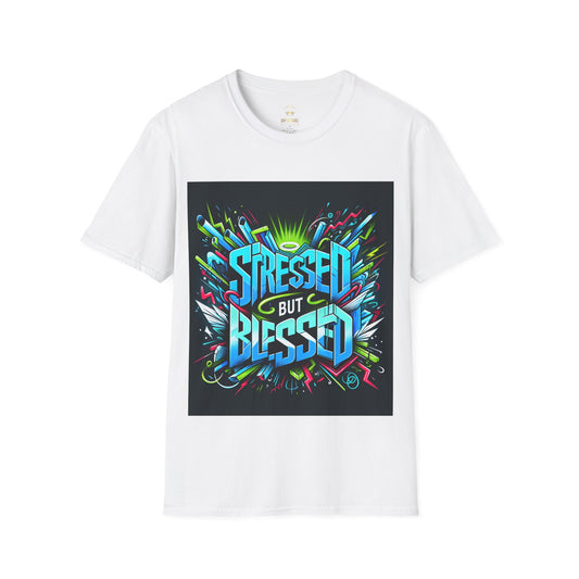 Stressed But Blessed Graffiti T-Shirt, Unisex Softstyle Tee, Urban Art Positive Vibes Shirt, Vibrant Electric Blue Neon Green Design