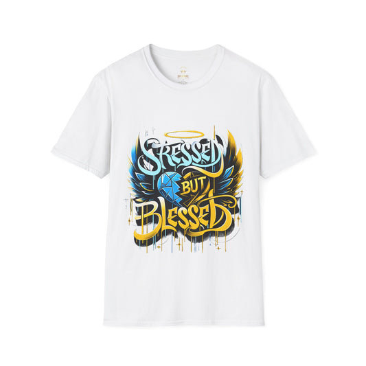 Stressed But Blessed T-Shirt, Graffiti Art Tee, Unisex Softstyle Shirt, Dynamic Street Art Design, Resilience and Hope Symbolic Tee