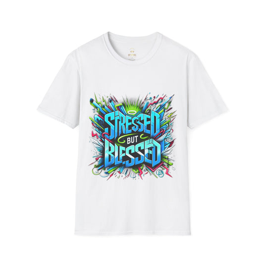Stressed But Blessed Graffiti T-Shirt, Unisex Softstyle Tee, Urban Art Positive Vibes Shirt, Vibrant Electric Blue Neon Green Design