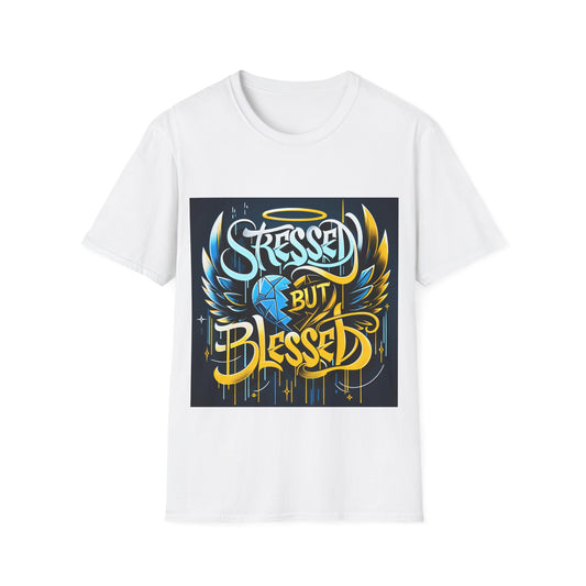 Stressed But Blessed T-Shirt, Graffiti Art Tee, Unisex Softstyle Shirt, Dynamic Street Art Design, Resilience and Hope Symbolic Tee